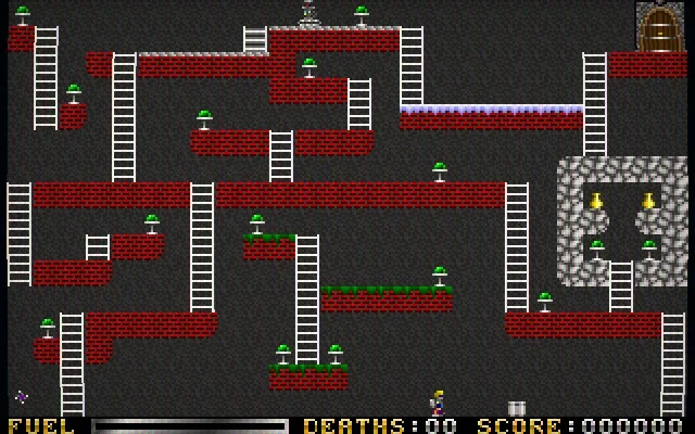 Jetpack Classic DOS level with brick platforms, ladders, gems, enemies, and the player wearing a jetpack